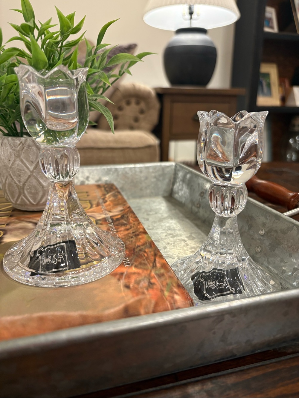 Authentic MIKASA Spring Ritual Crystal 5” Tulip Candlestick Holder Pair